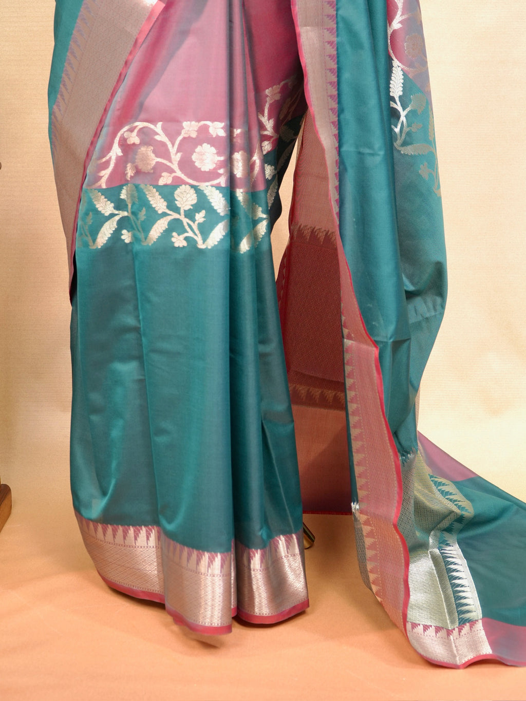 Mauve Rose & Peacock Teal Banarasi Soft Silk Saree with Silver Zari Korvai