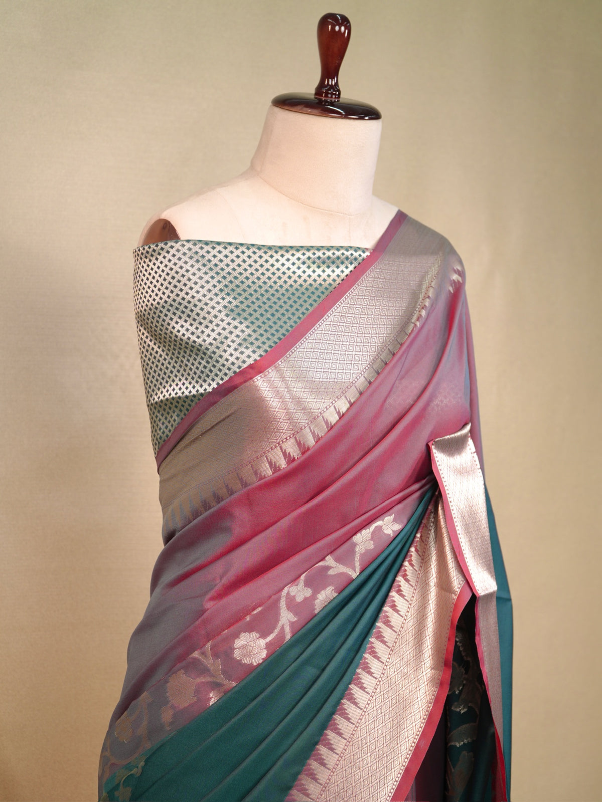 Mauve Rose & Peacock Teal Banarasi Soft Silk Saree with Silver Zari Korvai