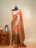 Sunset Orange & Olive Brown Banarasi Soft Silk Saree with Silver Zari Korvai