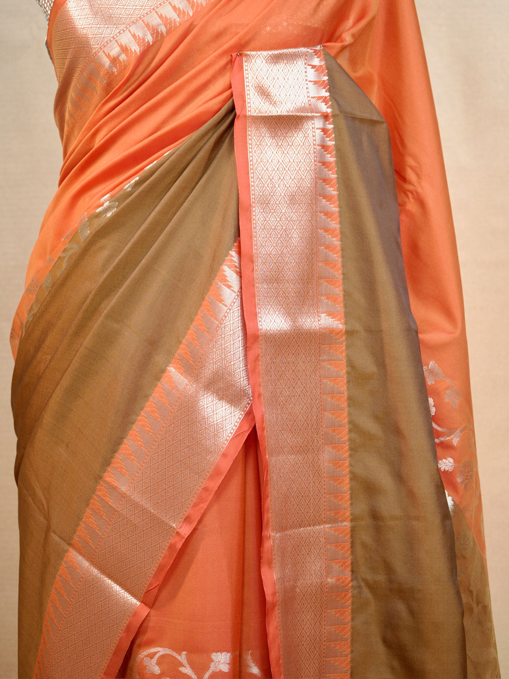 Sunset Orange & Olive Brown Banarasi Soft Silk Saree with Silver Zari Korvai