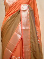 Sunset Orange & Olive Brown Banarasi Soft Silk Saree with Silver Zari Korvai