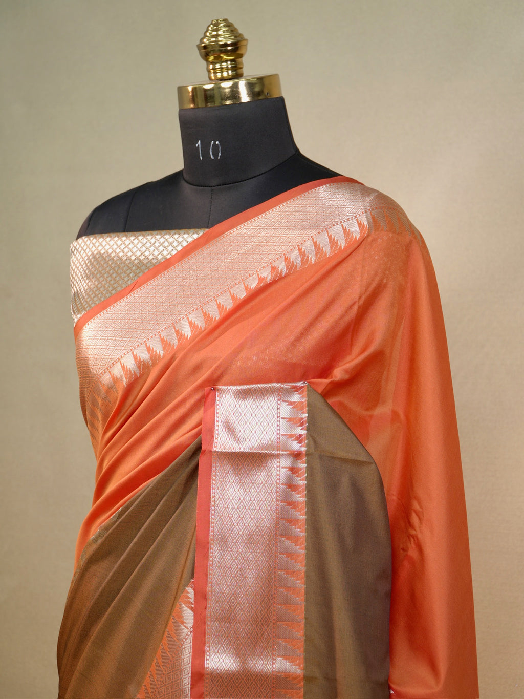 Sunset Orange & Olive Brown Banarasi Soft Silk Saree with Silver Zari Korvai
