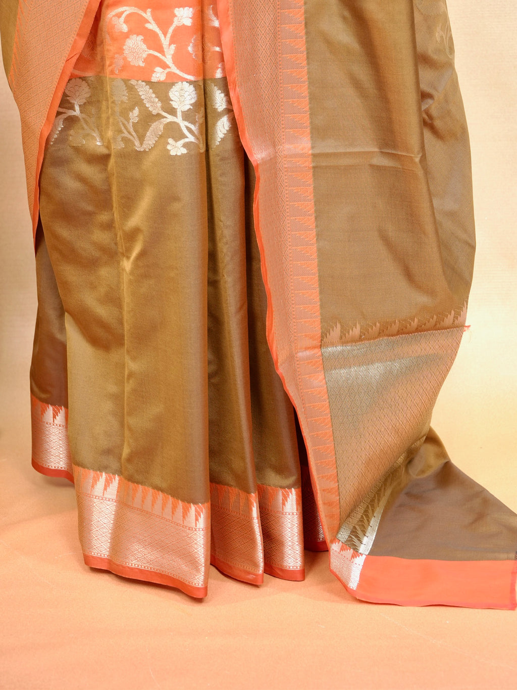 Sunset Orange & Olive Brown Banarasi Soft Silk Saree with Silver Zari Korvai