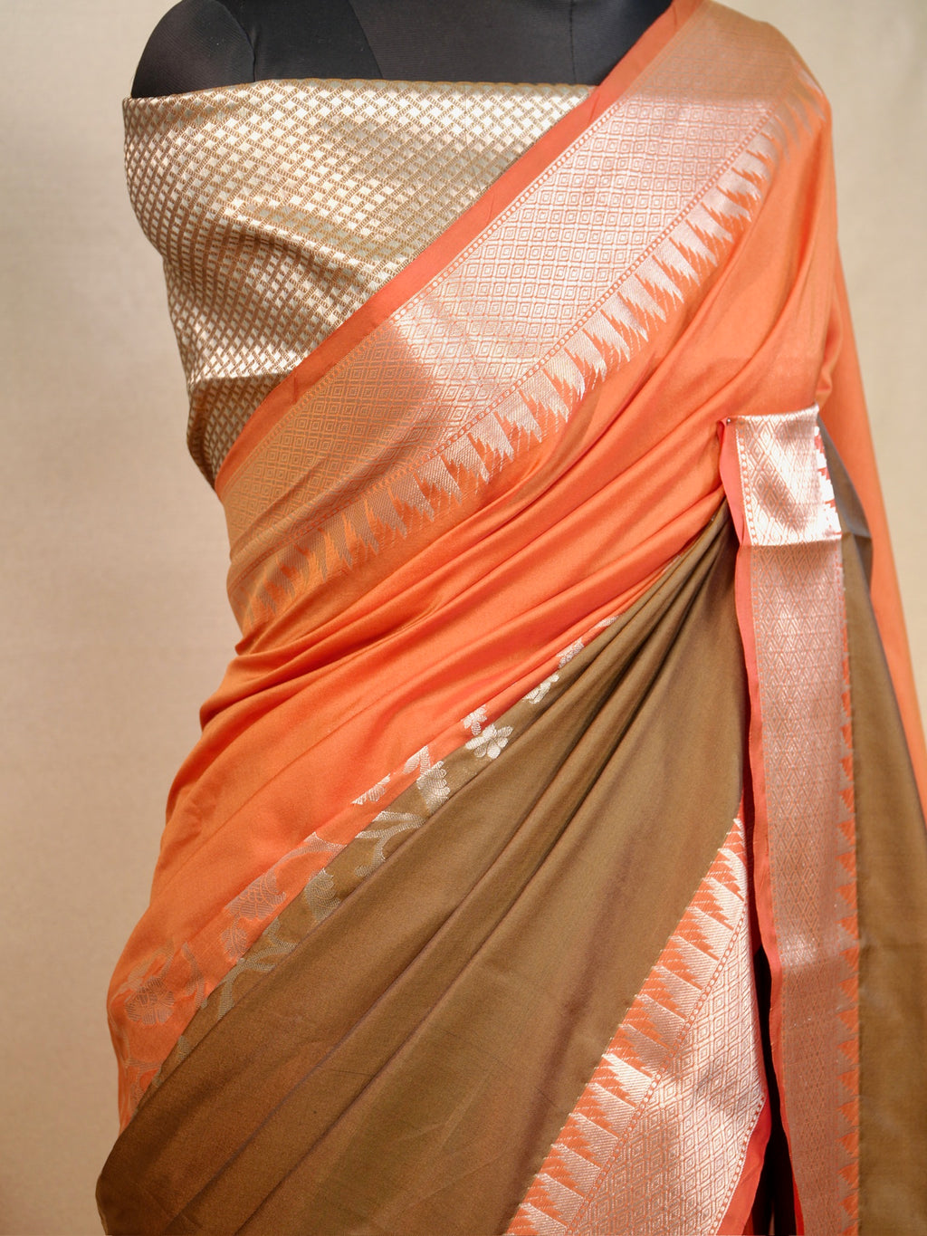 Sunset Orange & Olive Brown Banarasi Soft Silk Saree with Silver Zari Korvai