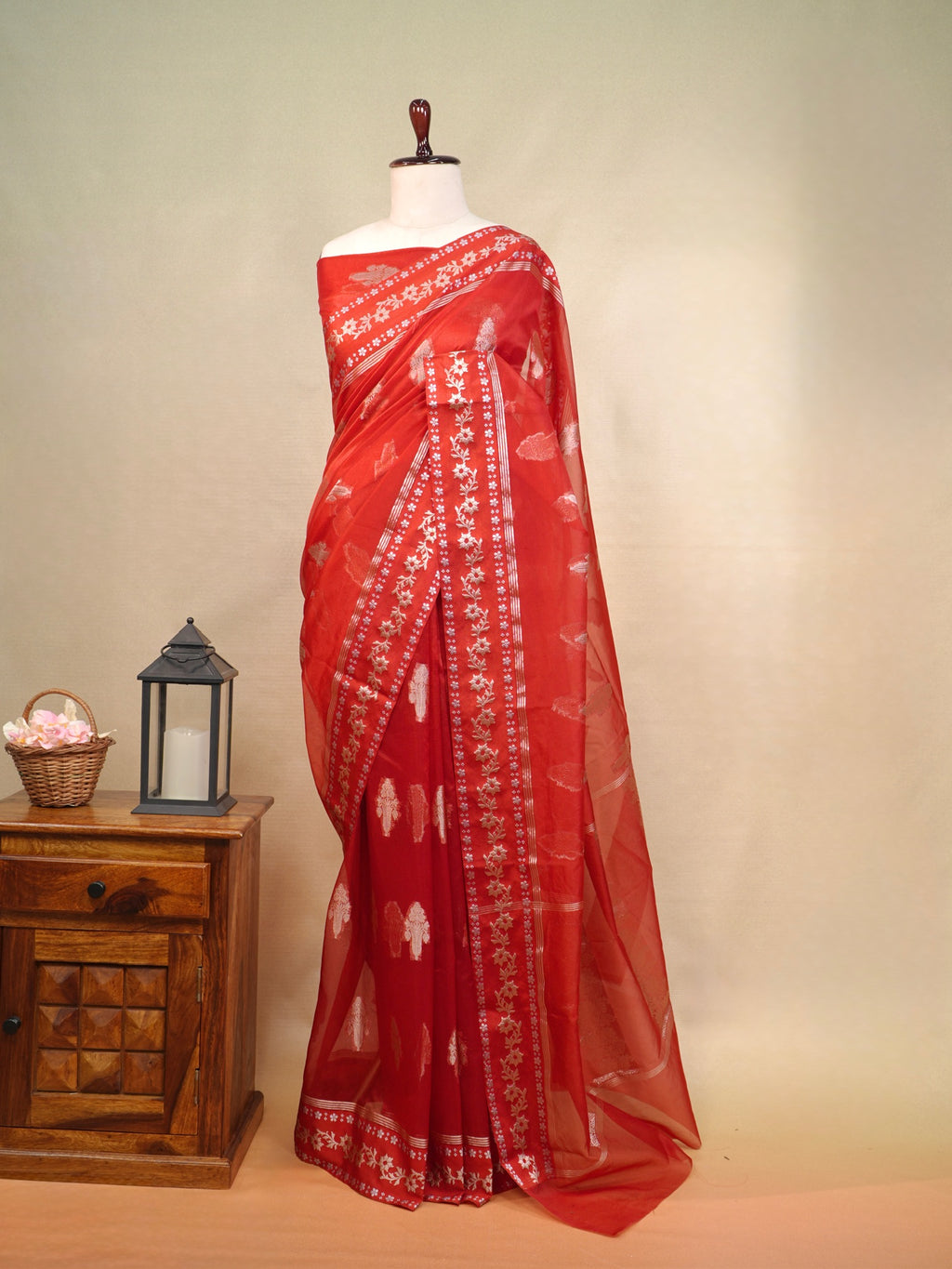Red Banarasi Kora Organza Silk Saree with Silver Zari Motifs & Floral Border