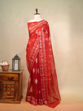 Red Banarasi Kora Organza Silk Saree with Silver Zari Motifs & Floral Border
