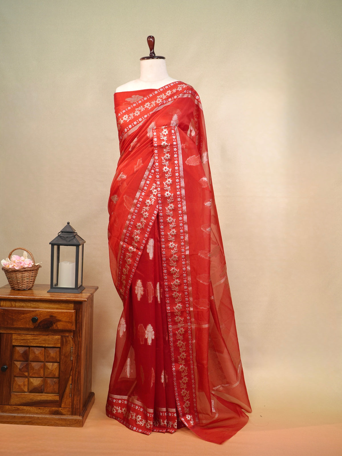 Red Banarasi Kora Organza Silk Saree with Silver Zari Motifs & Floral Border