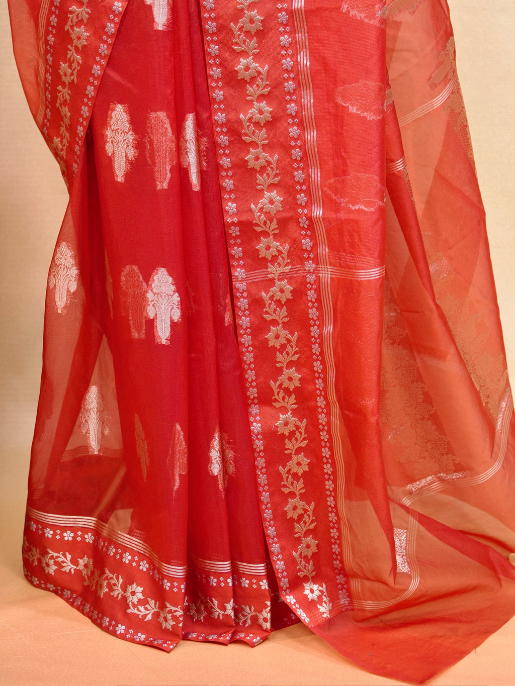 Red Banarasi Kora Organza Silk Saree with Silver Zari Motifs & Floral Border