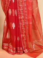 Red Banarasi Kora Organza Silk Saree with Silver Zari Motifs & Floral Border