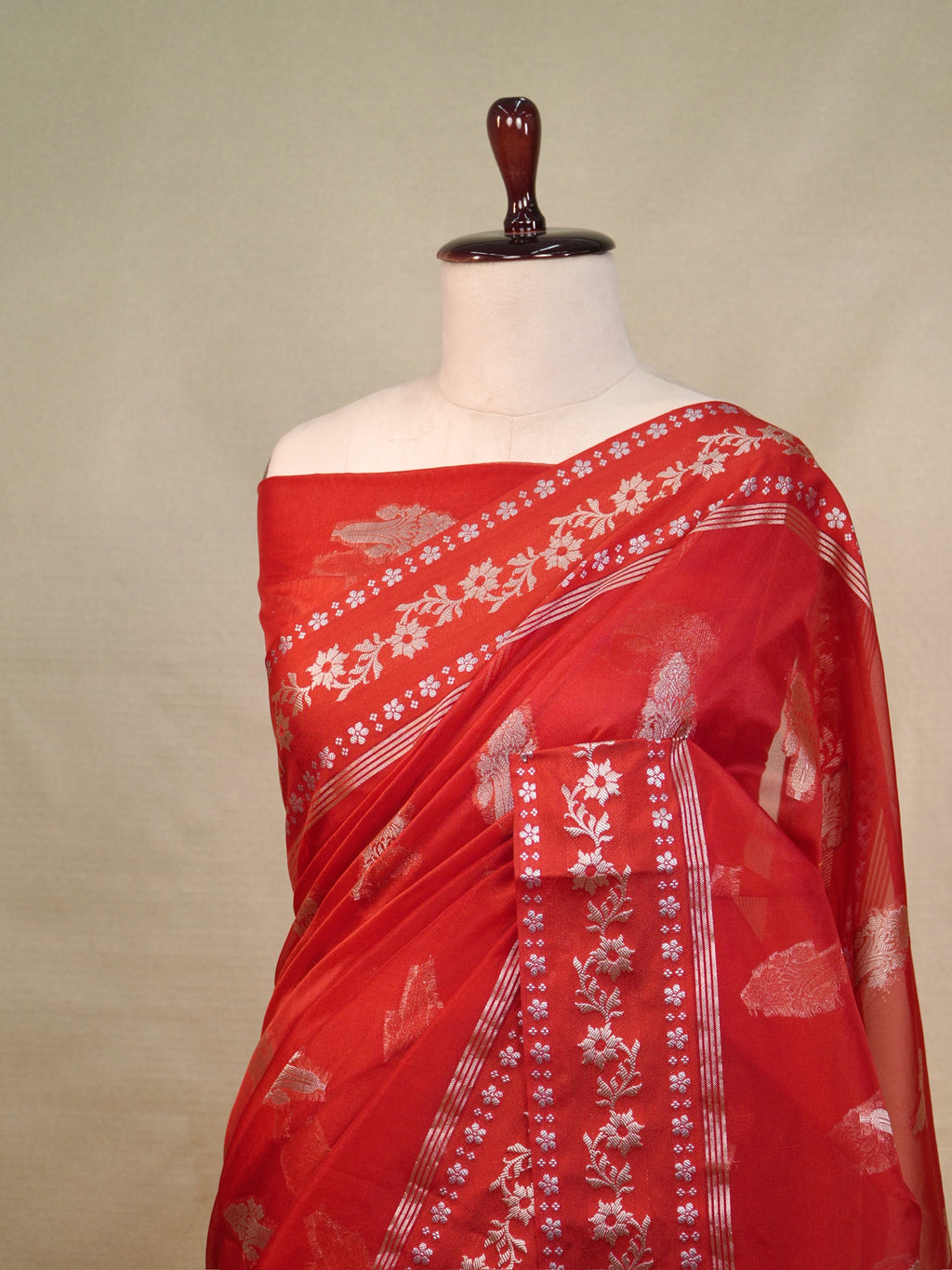 Red Banarasi Kora Organza Silk Saree with Silver Zari Motifs & Floral Border