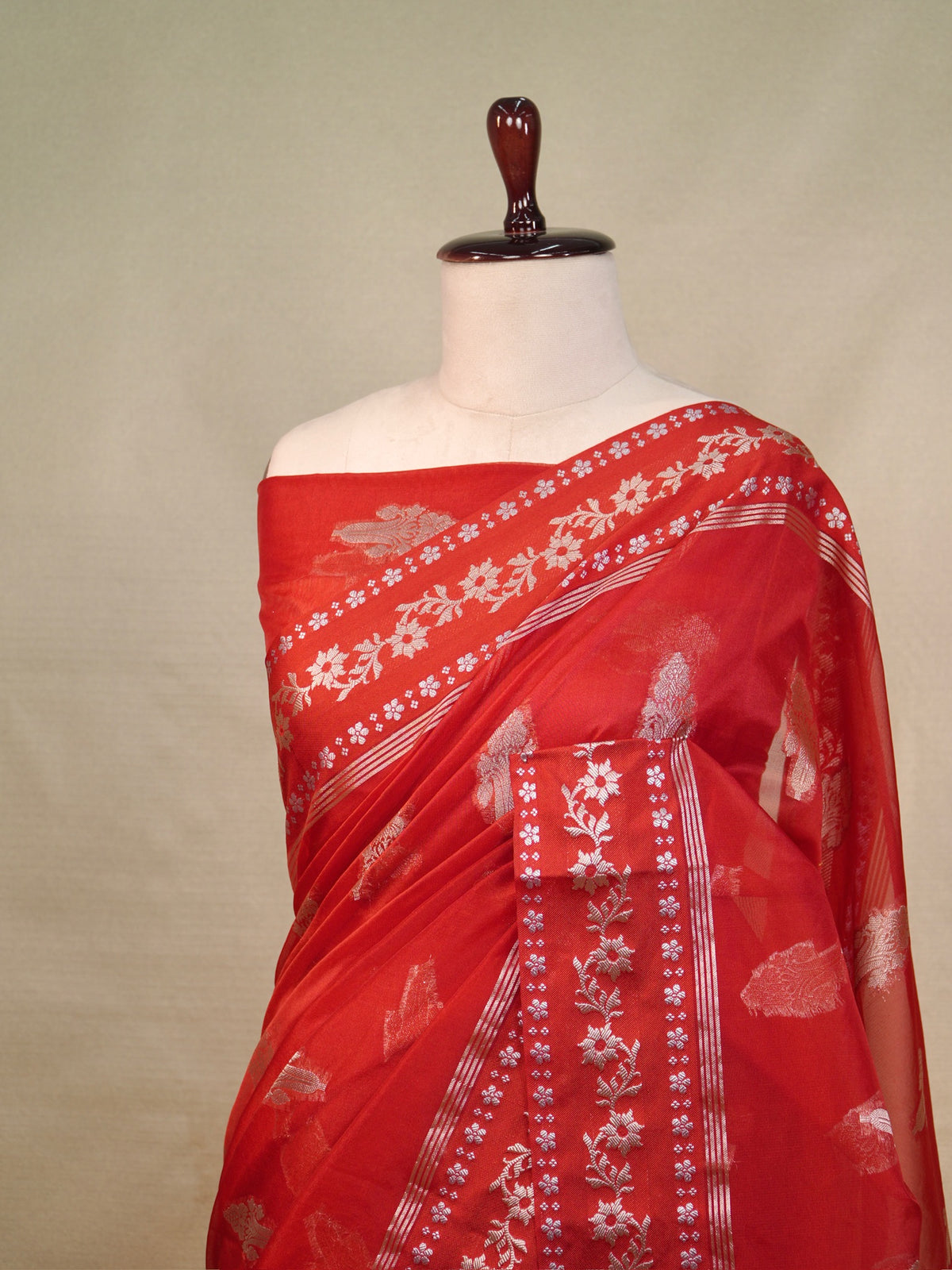 Red Banarasi Kora Organza Silk Saree with Silver Zari Motifs & Floral Border