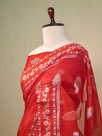 Red Banarasi Kora Organza Silk Saree with Silver Zari Motifs & Floral Border