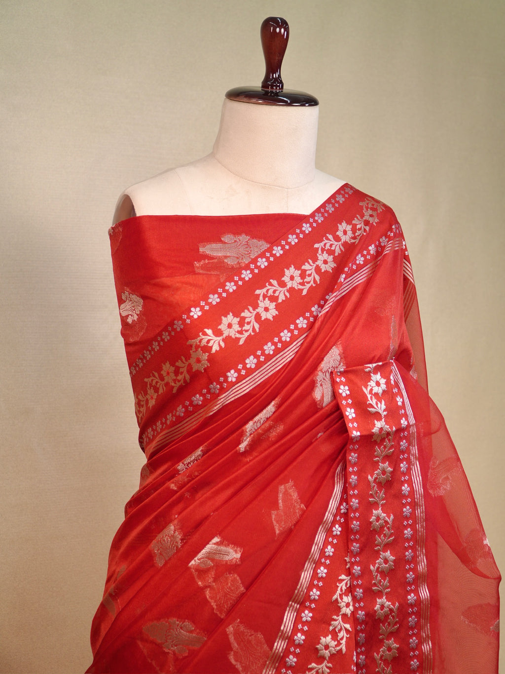 Red Banarasi Kora Organza Silk Saree with Silver Zari Motifs & Floral Border