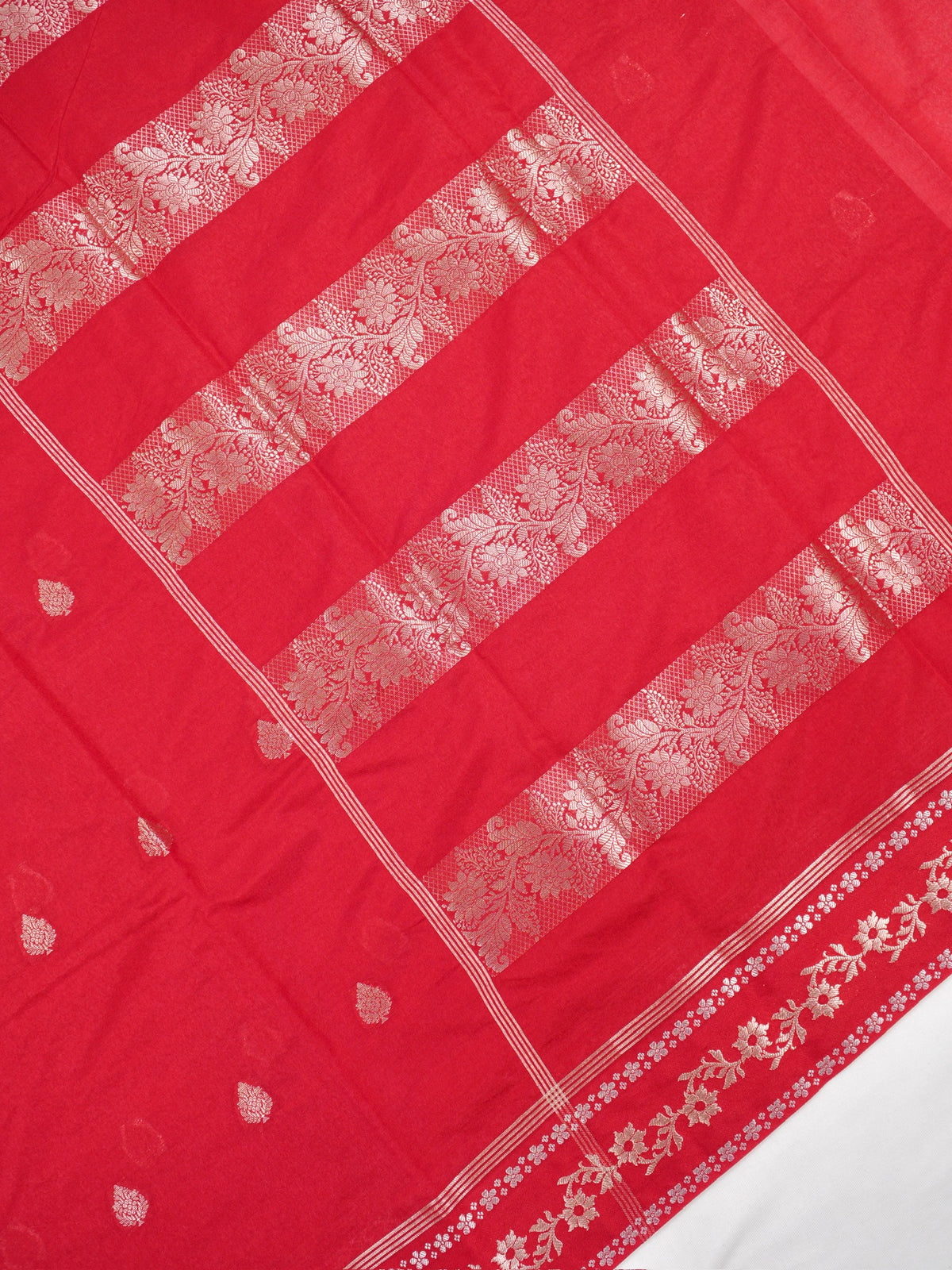 Crimson Red Banarasi Soft Silk Saree with Silver Zari Leaf Motifs Striped Pallu