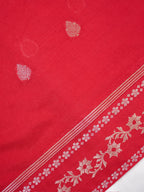 Crimson Red Banarasi Soft Silk Saree with Silver Zari Leaf Motifs Striped Pallu
