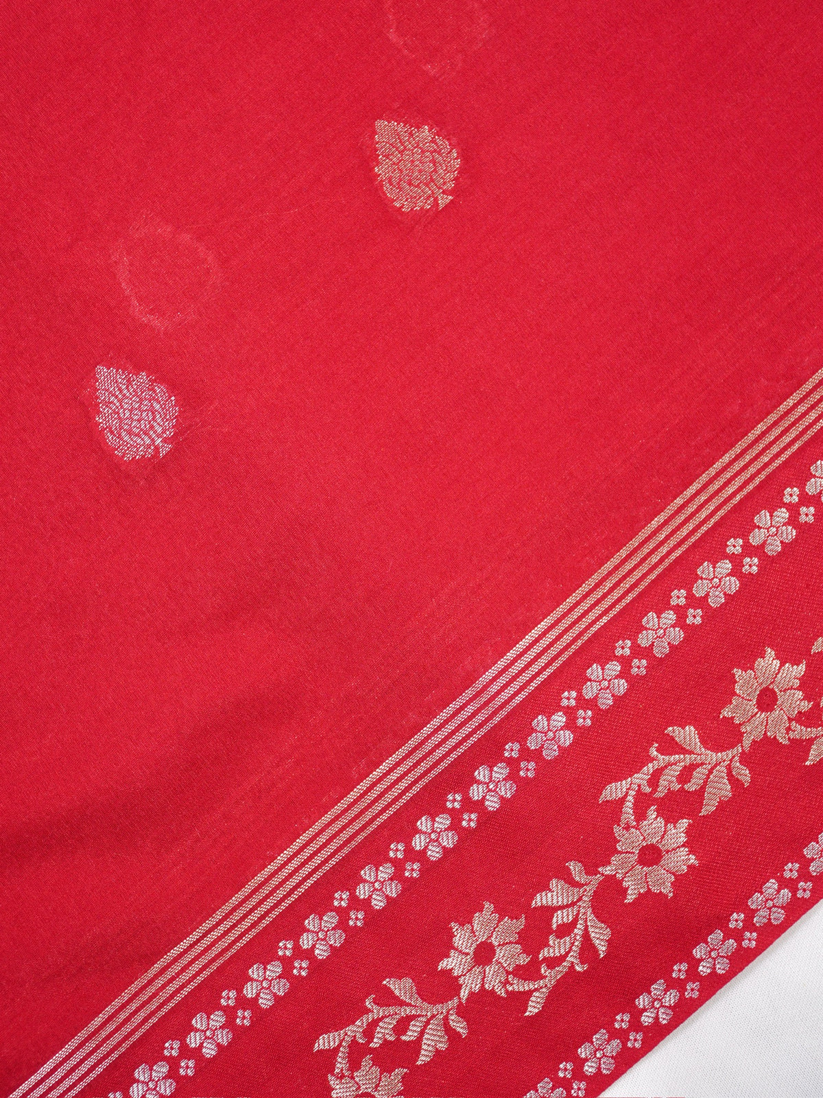 Crimson Red Banarasi Soft Silk Saree with Silver Zari Leaf Motifs Striped Pallu