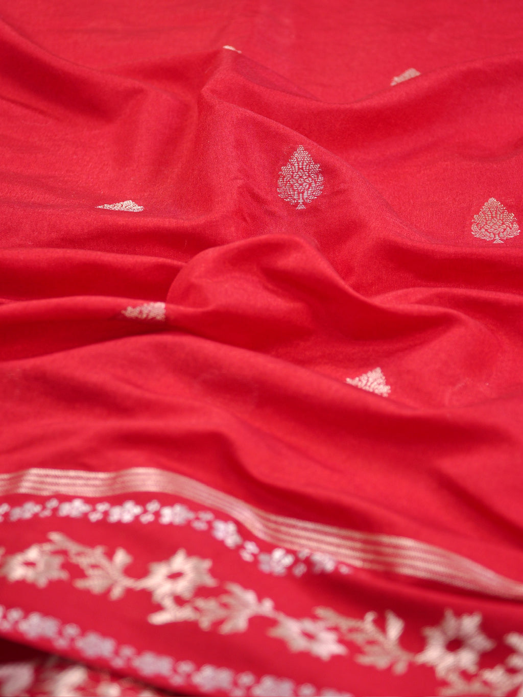 Crimson Red Banarasi Soft Silk Saree with Silver Zari Leaf Motifs Striped Pallu