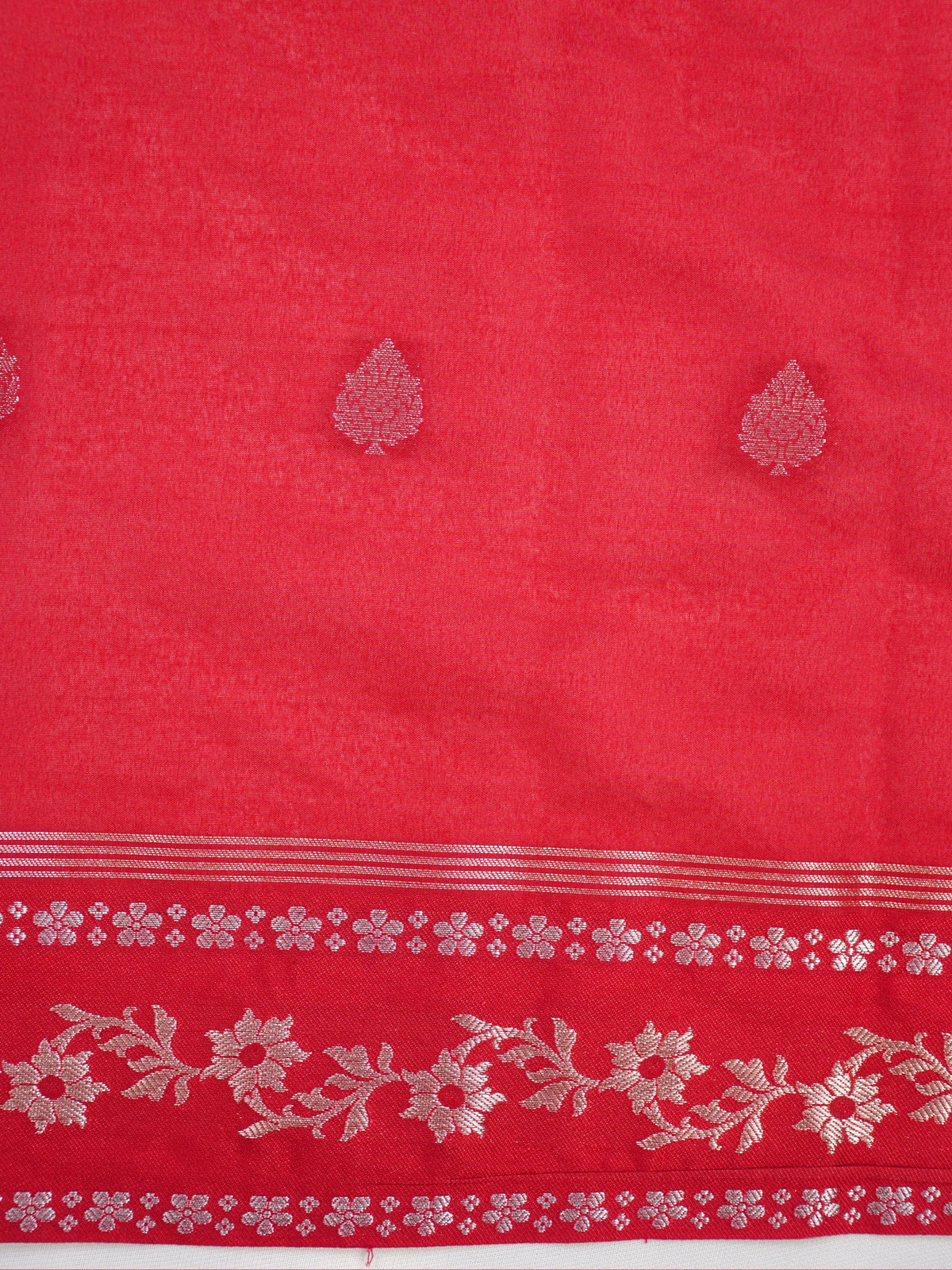 Crimson Red Banarasi Soft Silk Saree with Silver Zari Leaf Motifs Striped Pallu