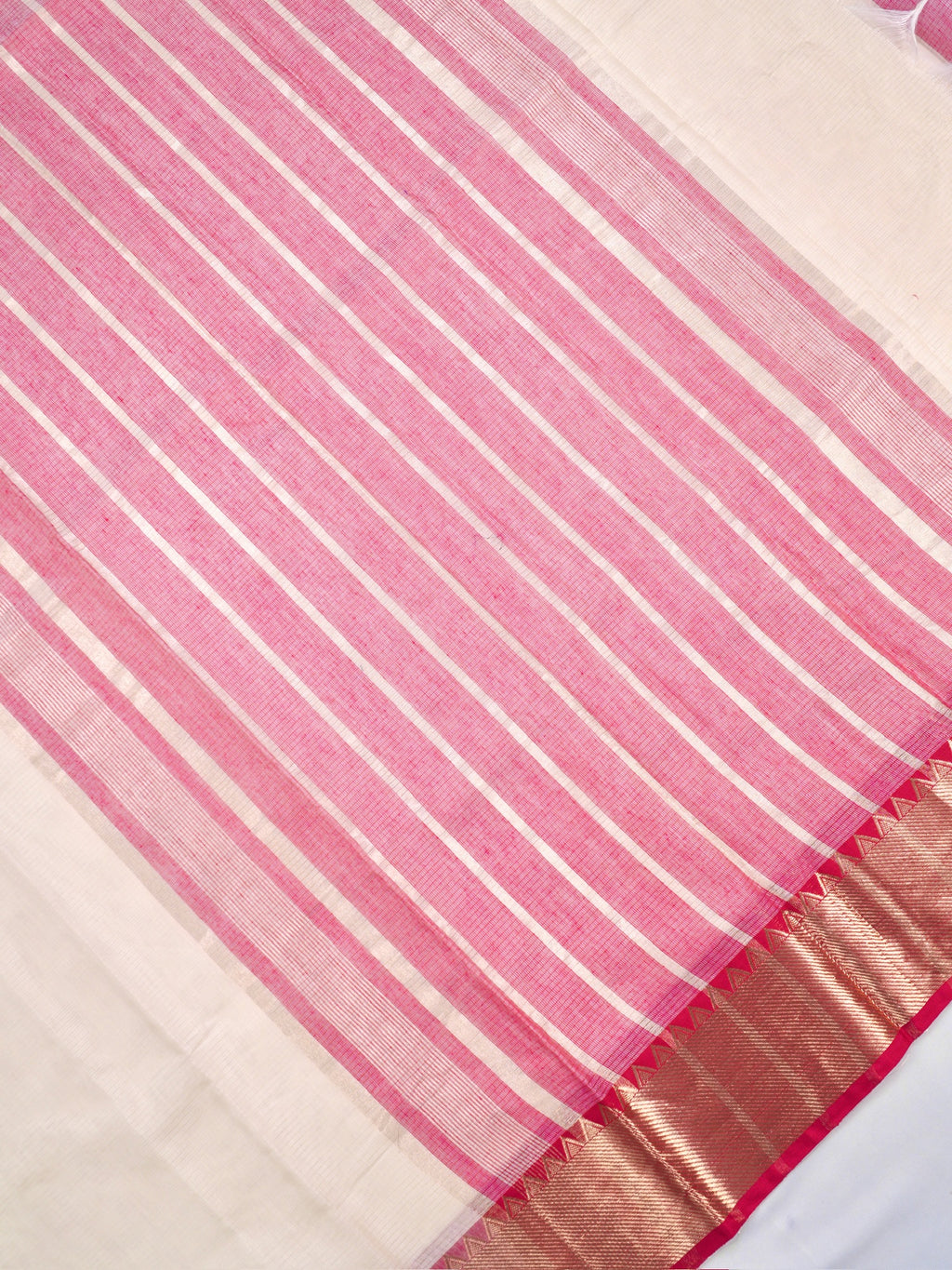 Off-White & Red Banarasi Soft Cotton Silk Saree with Temple Zari Border