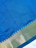 Peacock Blue Banarasi Soft Cotton Silk Saree with Temple Zari Border