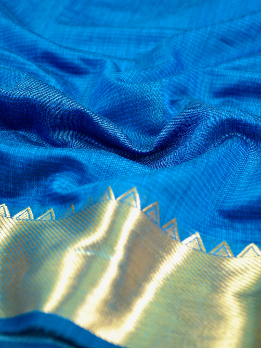 Peacock Blue Banarasi Soft Cotton Silk Saree with Temple Zari Border