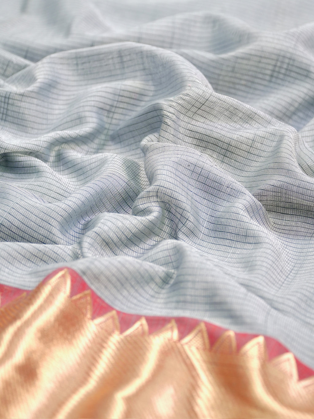 Silver Grey & Pink Soft Cotton Silk Saree with Temple Zari Border