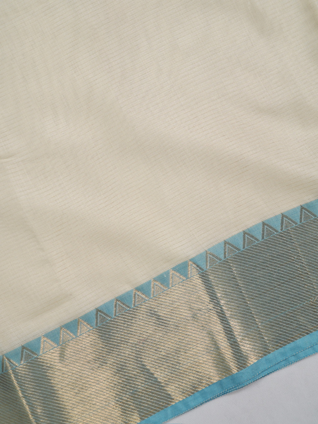 Off-White & Sky Blue Banarasi Soft Cotton Silk Saree with Temple Zari Border