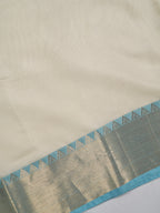 Off-White & Sky Blue Banarasi Soft Cotton Silk Saree with Temple Zari Border