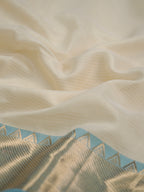 Off-White & Sky Blue Banarasi Soft Cotton Silk Saree with Temple Zari Border
