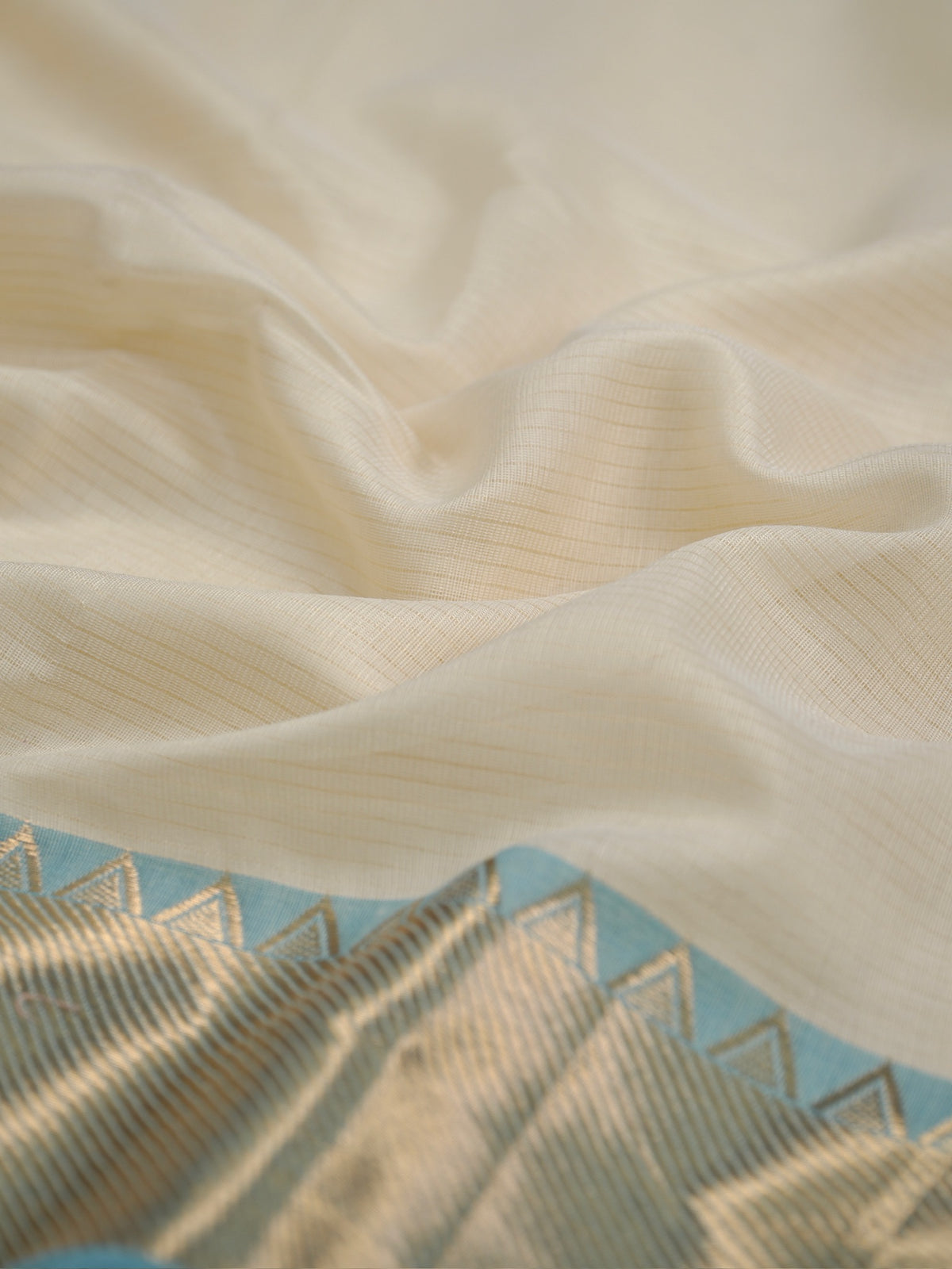 Off-White & Sky Blue Banarasi Soft Cotton Silk Saree with Temple Zari Border