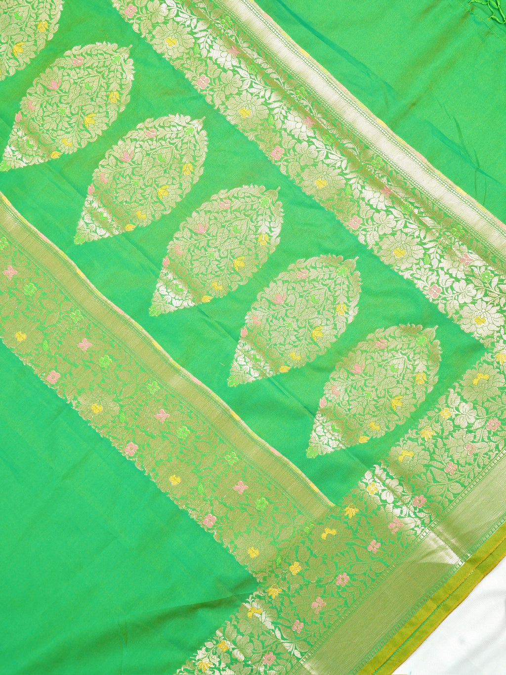 Parrot Green Banarasi Soft Silk Saree with Floral Minakari Border