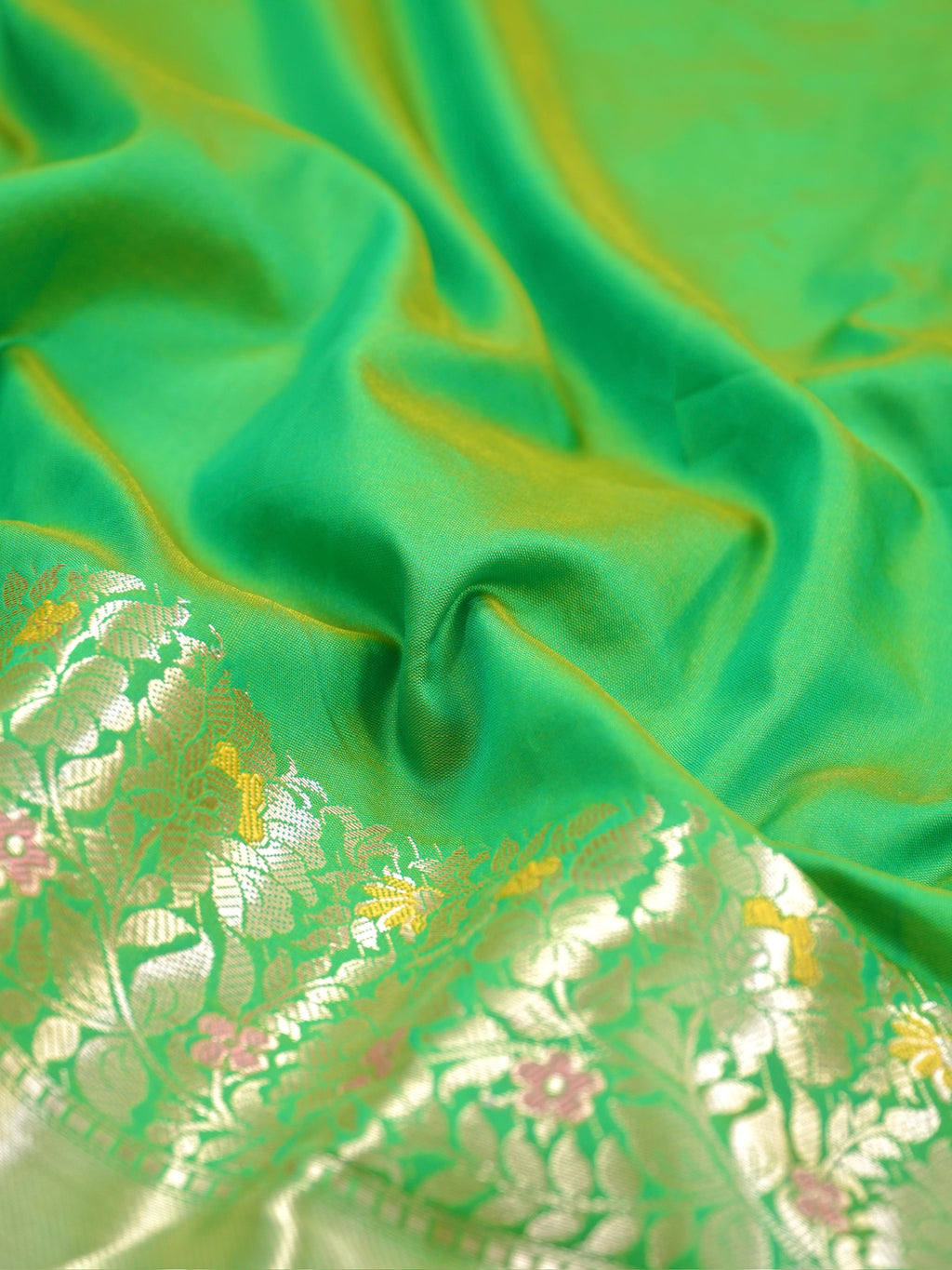 Parrot Green Banarasi Soft Silk Saree with Floral Minakari Border