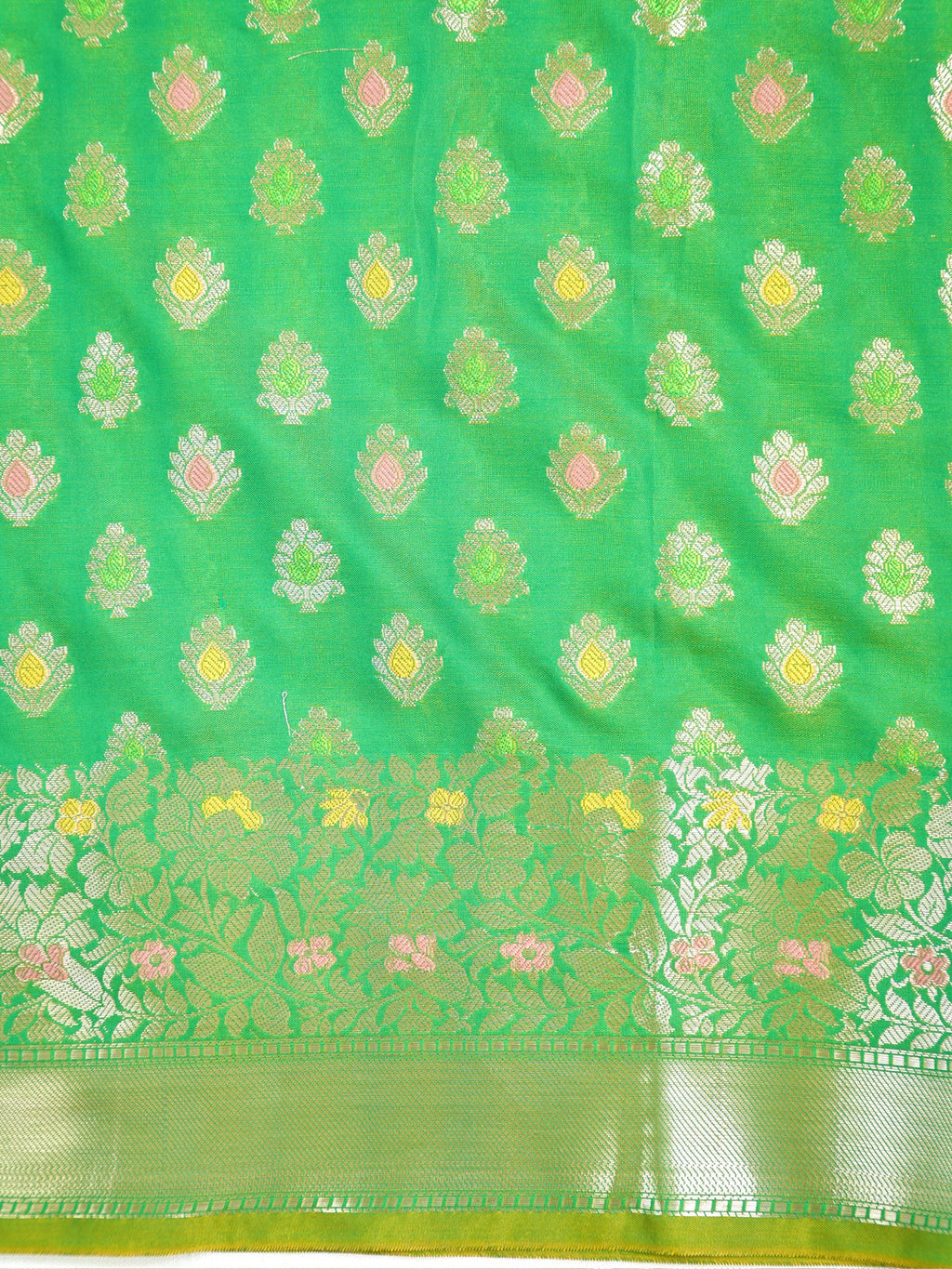 Parrot Green Banarasi Soft Silk Saree with Floral Minakari Border