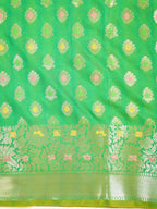 Parrot Green Banarasi Soft Silk Saree with Floral Minakari Border