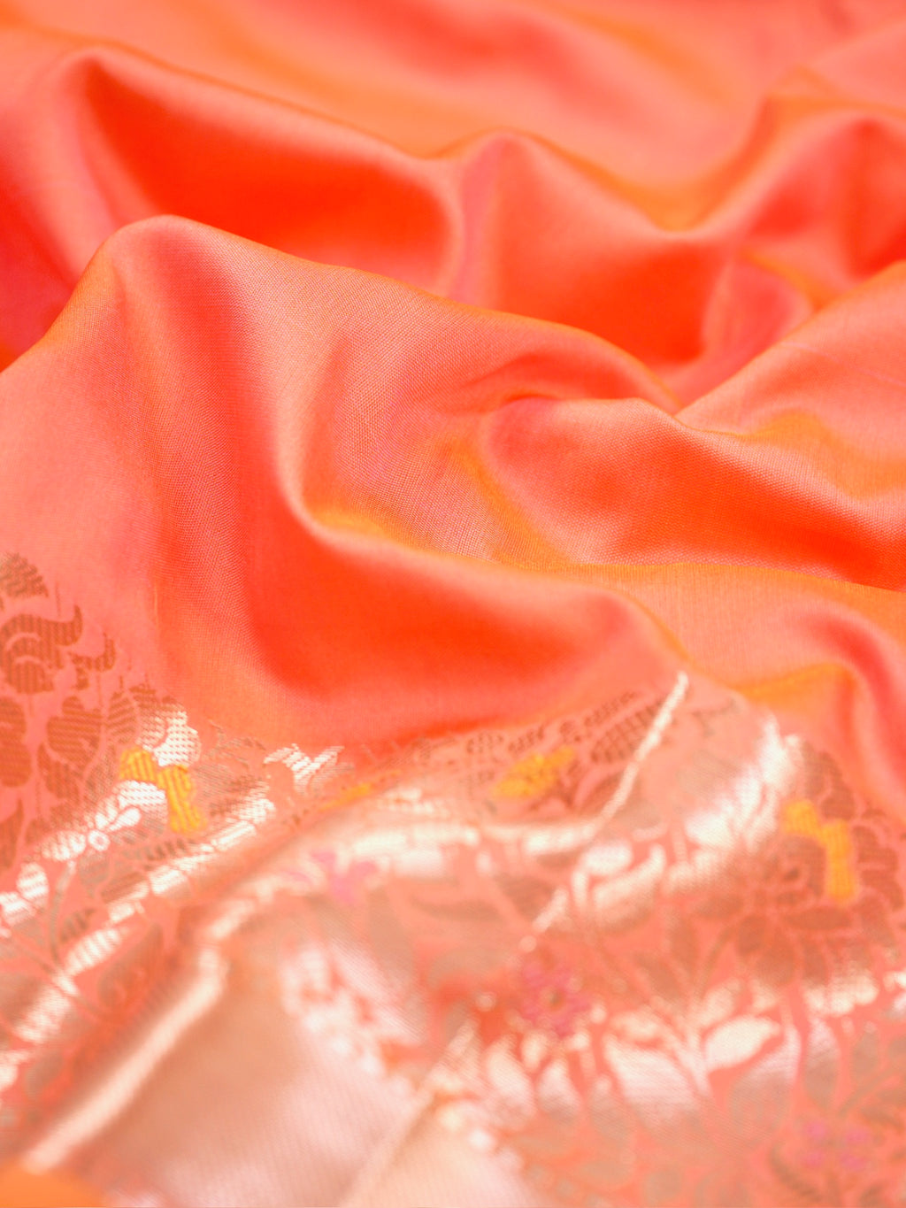Peach Coral Banarasi Soft Silk Saree with Floral Minakari Border