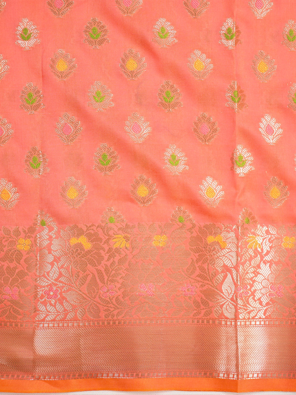 Peach Coral Banarasi Soft Silk Saree with Floral Minakari Border