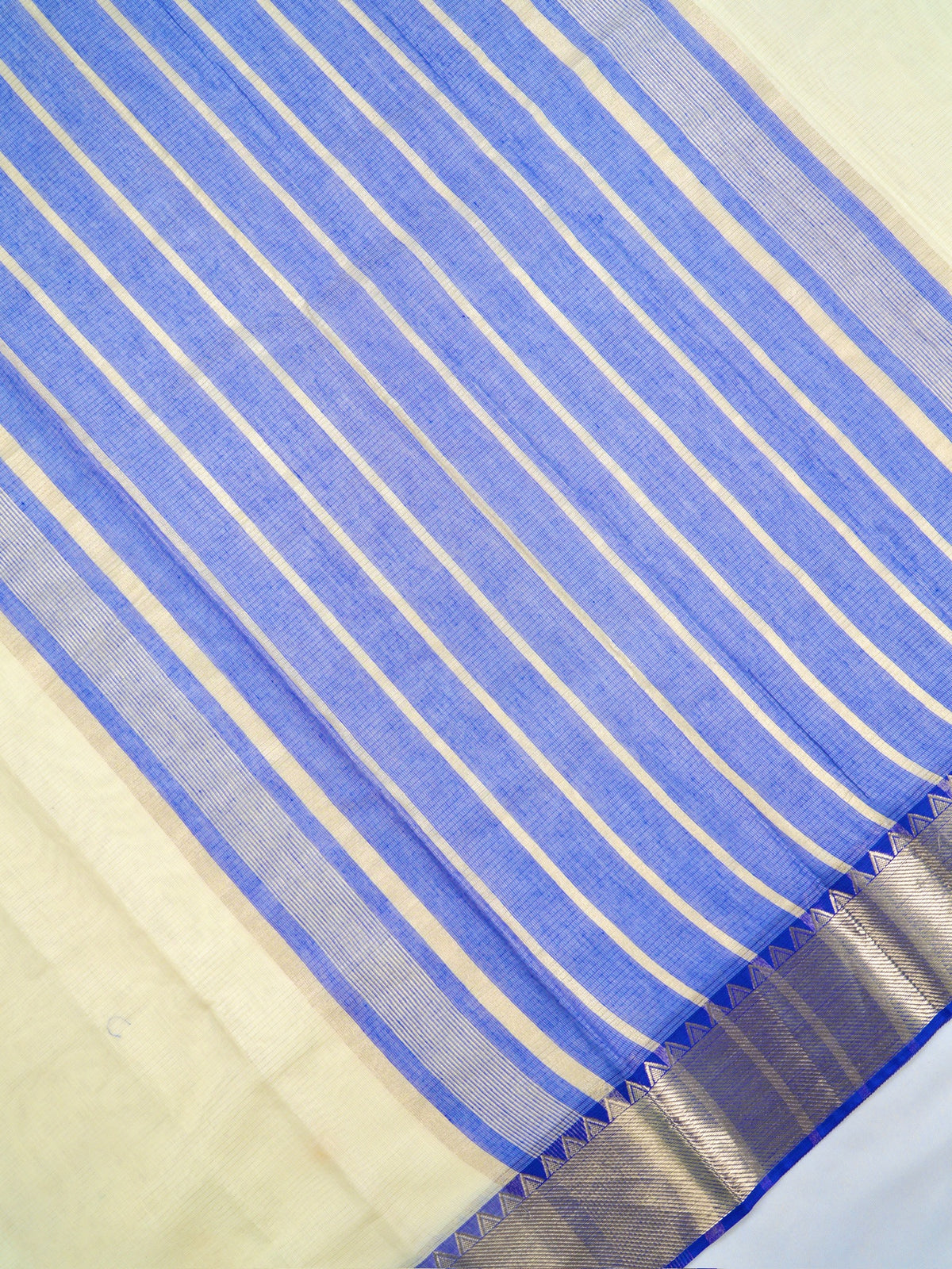 Off-White & Royal Blue Banarasi Soft Cotton Silk Saree with Temple Zari Border