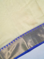 Off-White & Royal Blue Banarasi Soft Cotton Silk Saree with Temple Zari Border
