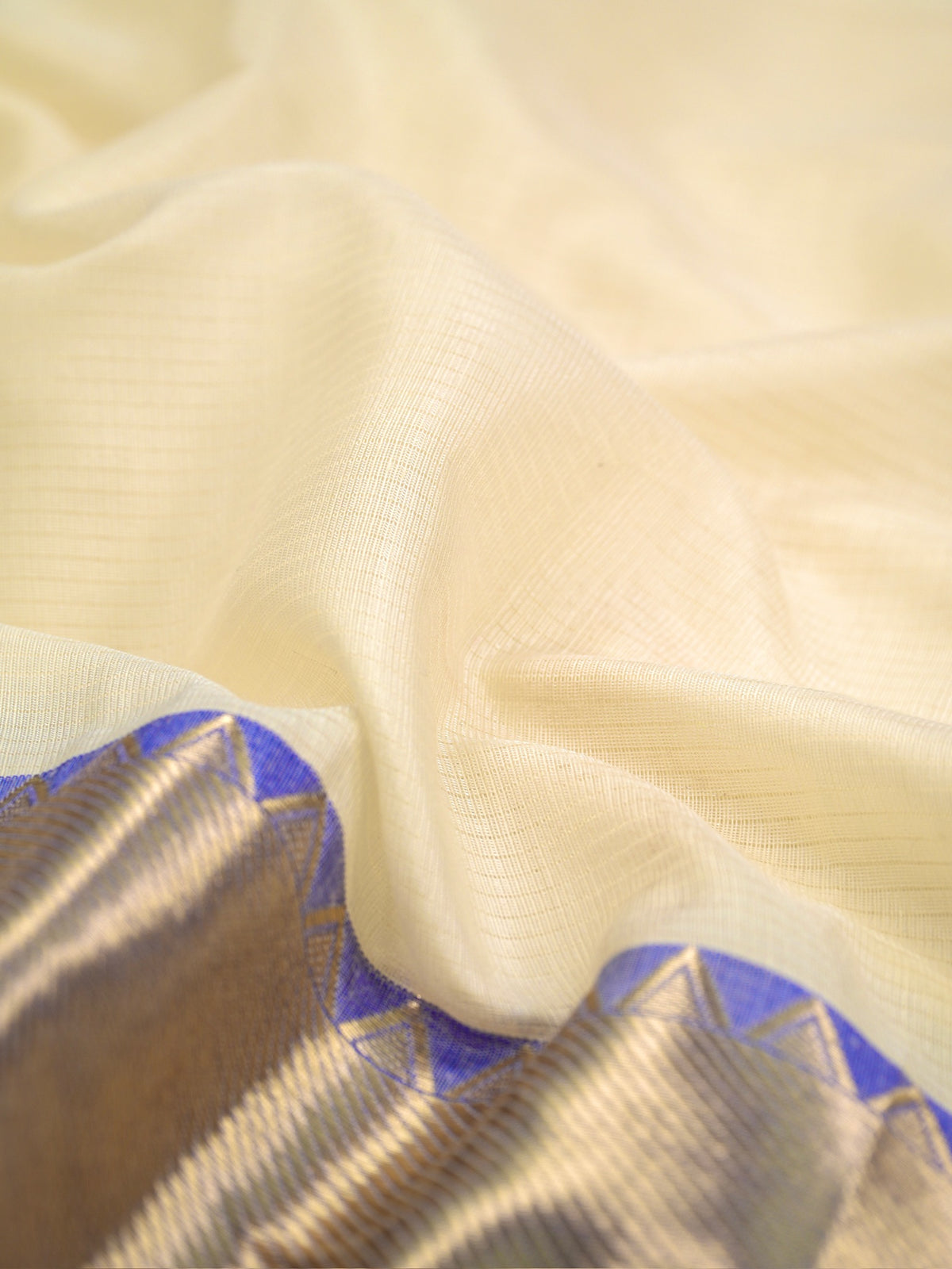 Off-White & Royal Blue Banarasi Soft Cotton Silk Saree with Temple Zari Border