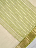 Off-White & Olive Lime Green Banarasi Soft Cotton Silk Saree with Temple Zari Border