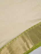 Off-White & Olive Lime Green Banarasi Soft Cotton Silk Saree with Temple Zari Border