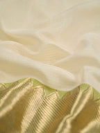 Off-White & Olive Lime Green Banarasi Soft Cotton Silk Saree with Temple Zari Border