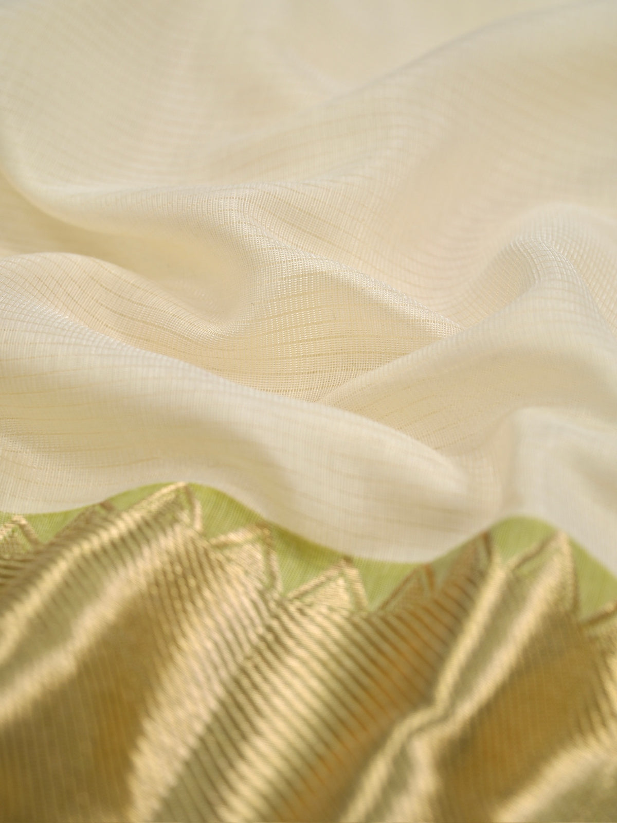 Off-White & Olive Lime Green Banarasi Soft Cotton Silk Saree with Temple Zari Border