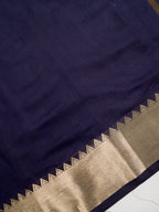 Midnight Navy Blue Banarasi Soft Cotton Silk Saree with Temple Zari Border
