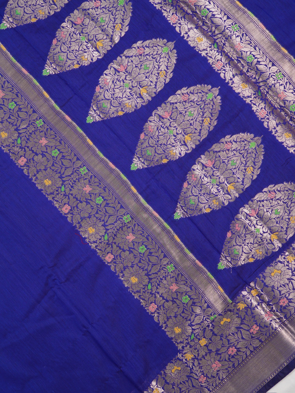 Royal Blue Banarasi Soft Silk Saree with Silver Zari Floral Minakari