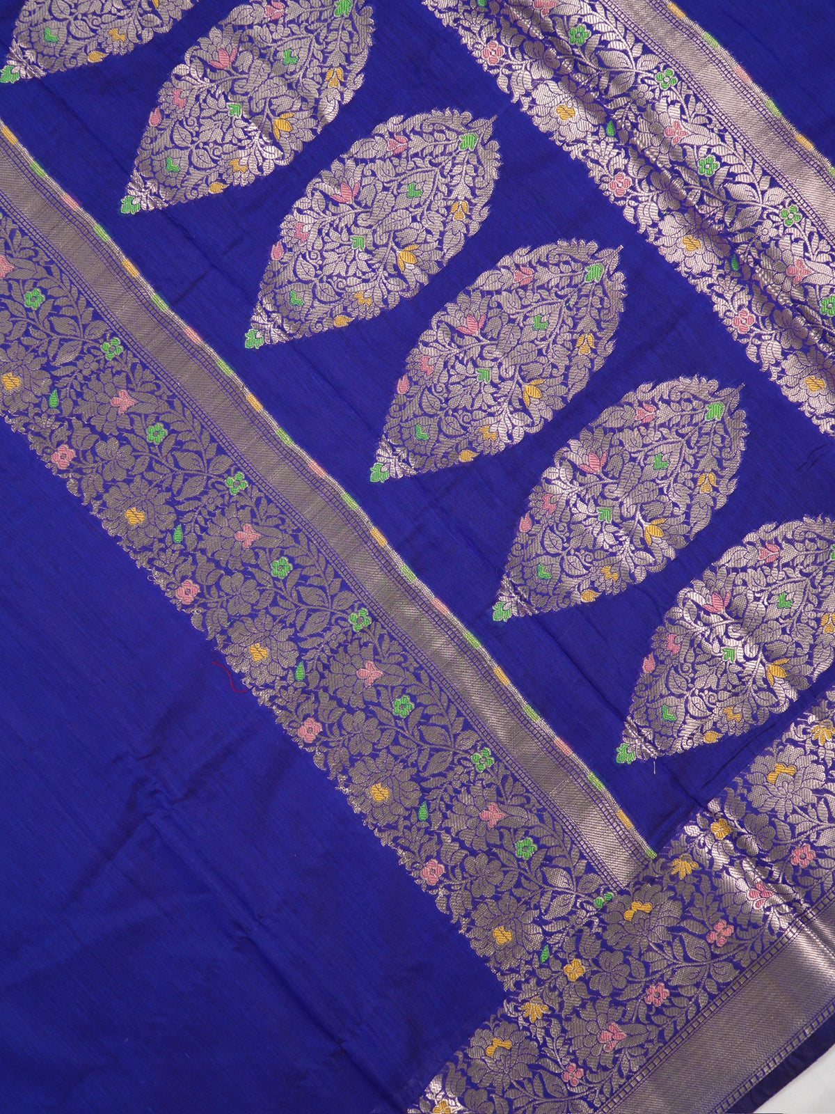 Royal Blue Banarasi Soft Silk Saree with Silver Zari Floral Minakari