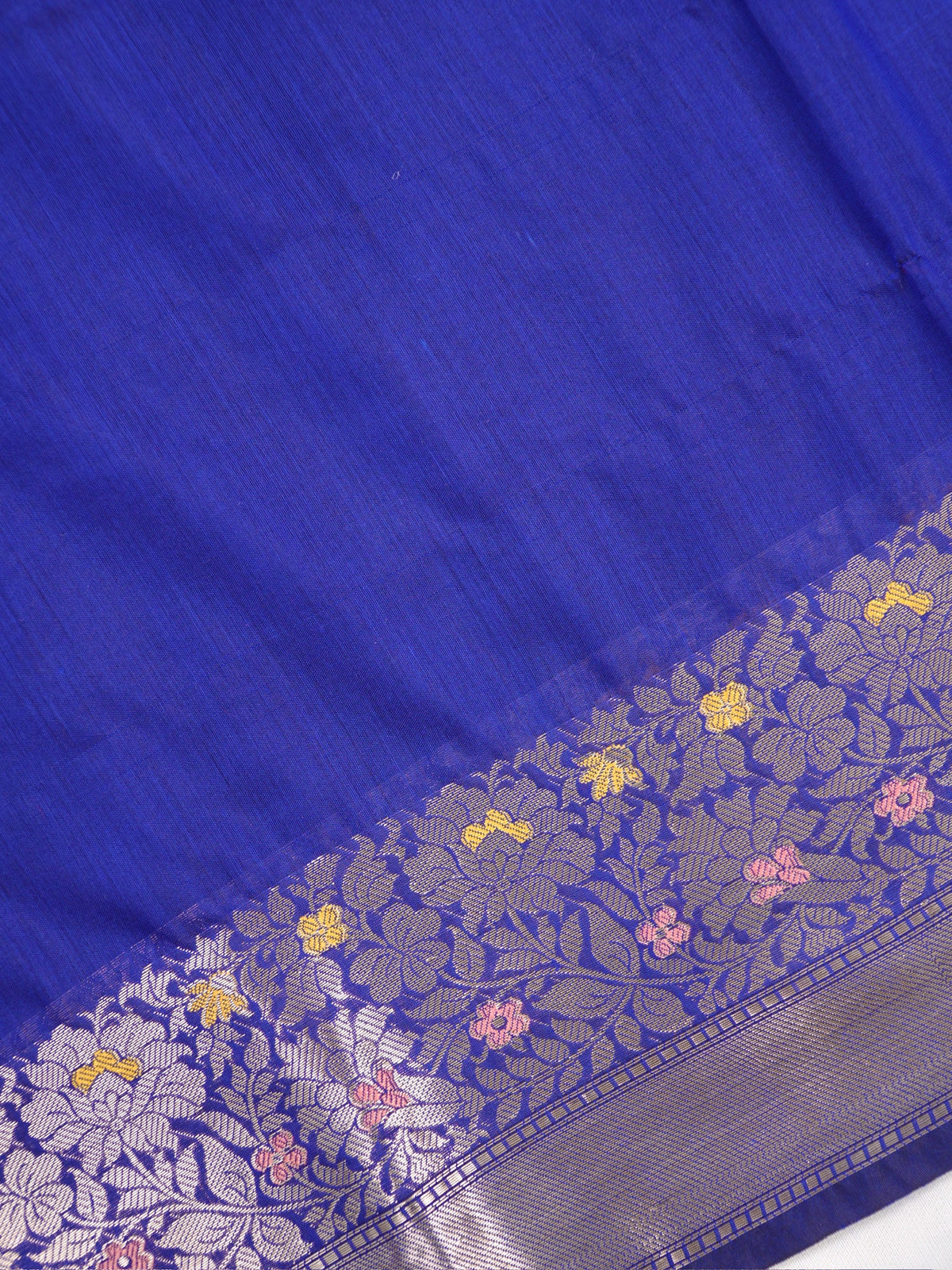 Royal Blue Banarasi Soft Silk Saree with Silver Zari Floral Minakari