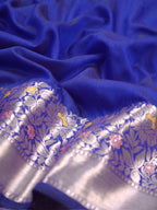 Royal Blue Banarasi Soft Silk Saree with Silver Zari Floral Minakari