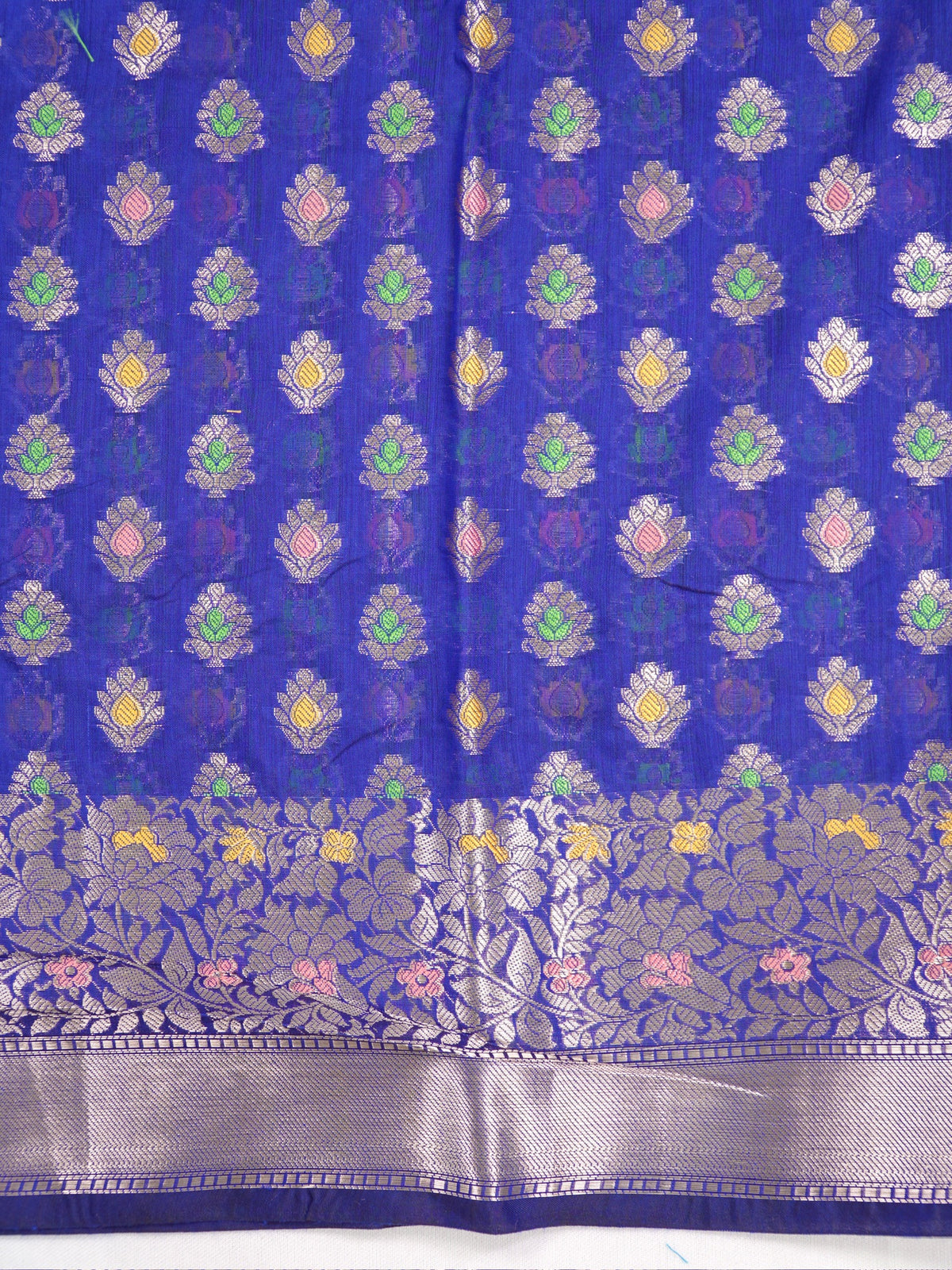 Royal Blue Banarasi Soft Silk Saree with Silver Zari Floral Minakari