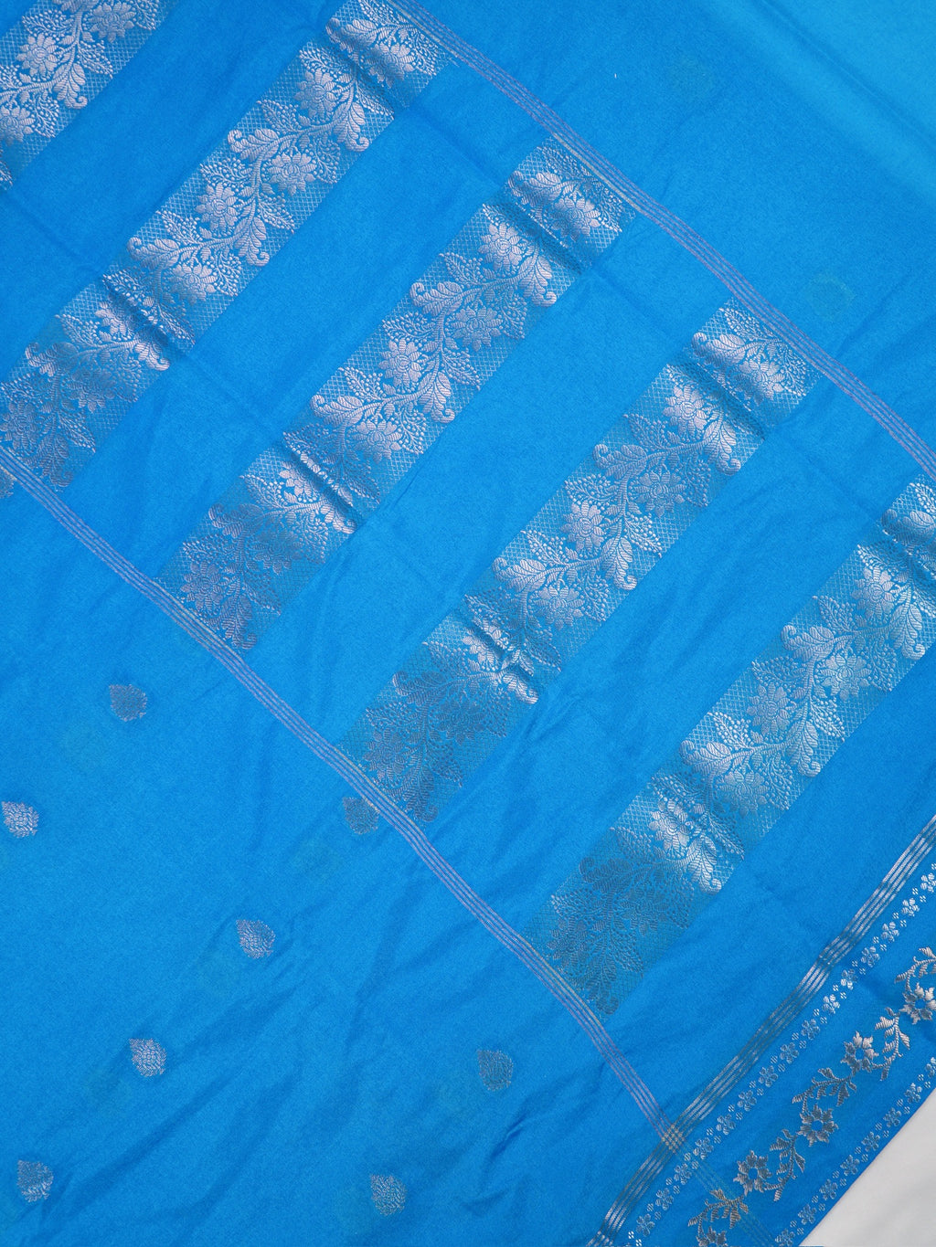 Blue Banarasi Soft Silk Saree with Silver Zari Floral Minakari